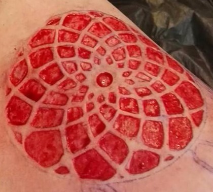 Bein Skarifikation Mandala - Cutting, Implantate, Beadings Zungenspaltung sowie Piercing Ausbildung, Piercer werden, Piercing Kurs, Piercer Seminar und Bodymods lernen auf piercen-lernen.de #modsbyben 